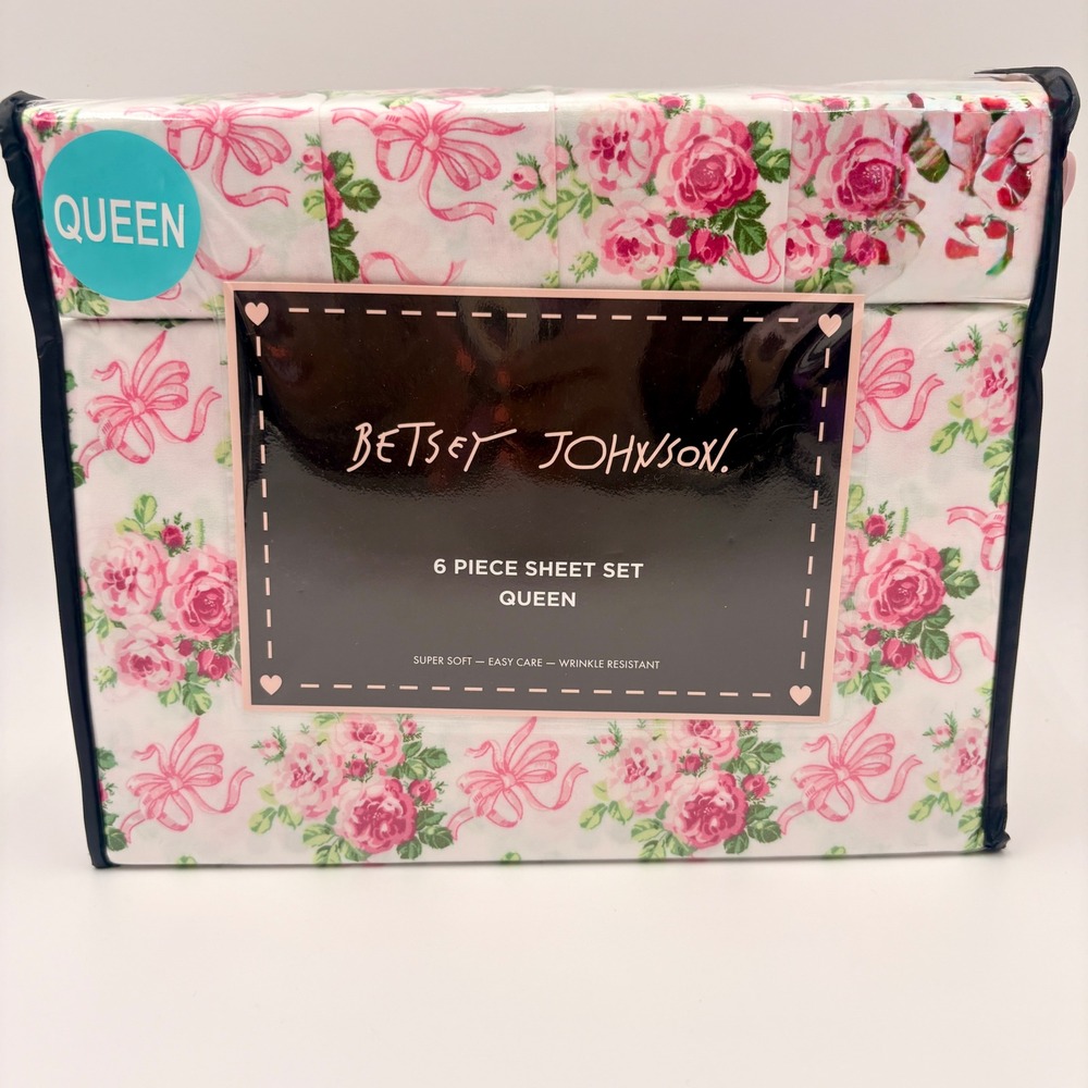 Betsey Johnson Queen Sheet Set 6 Piece Forever Rose Bow Pink Floral Microfiber